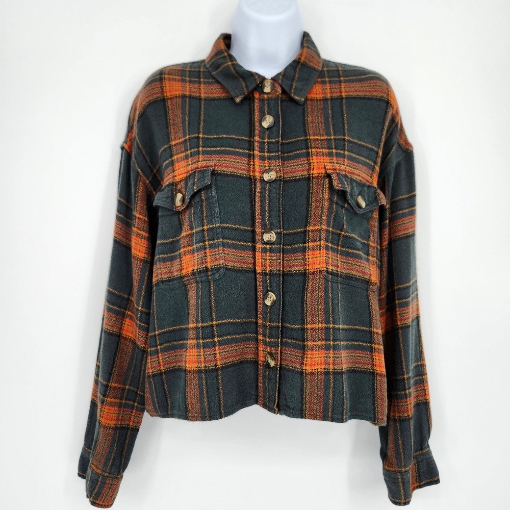 American Eagle Womens Earthy Granola Plaid Cropped Flannel Top XL Boxy Cabin